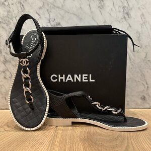 Chanel Black Sandals with Silver Chain Accent